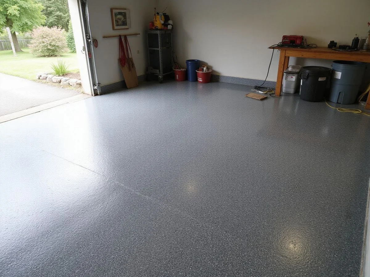 Gray flake epoxy coating on a home garage floor