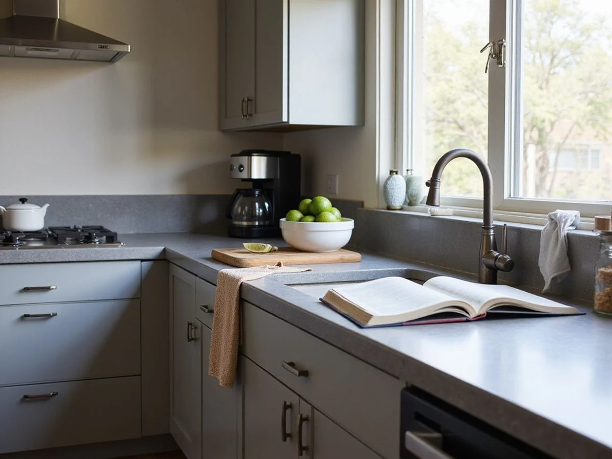 Refinished countertop with a concrete look in a modest Austin kitchen