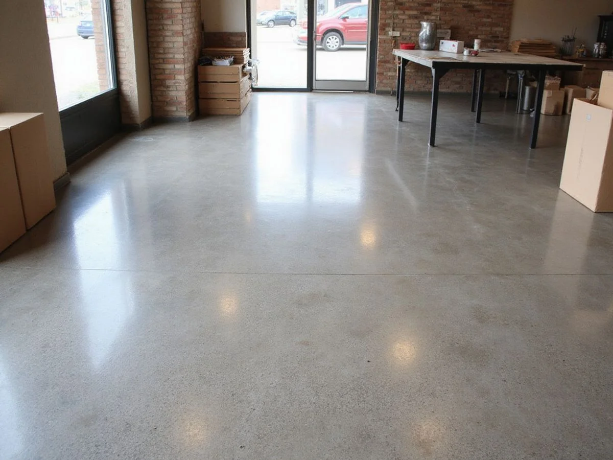 Salt and pepper polished concrete floor in a small Austin shop