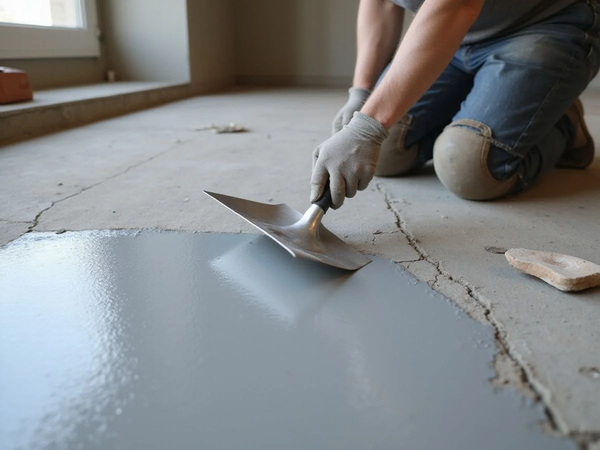 Trowel spreading a thin microtopping over a dated indoor concrete floor in Austin