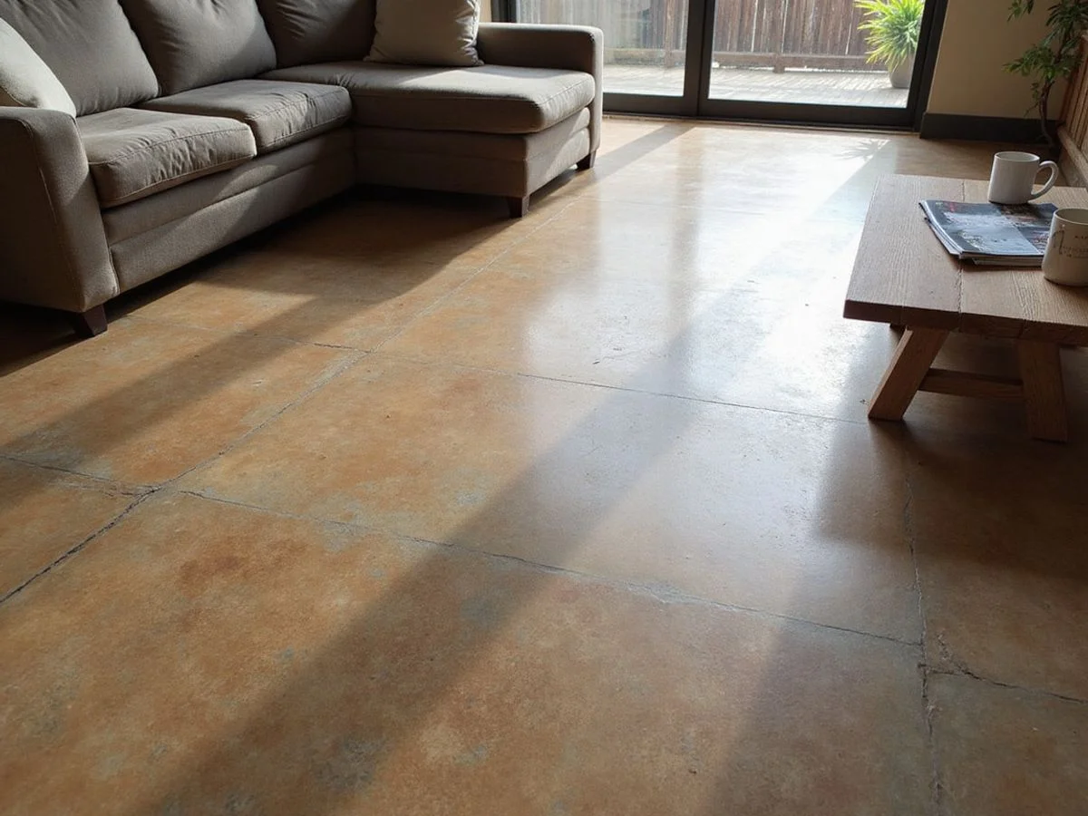 Warm acid stained concrete floor running through an open Austin living room