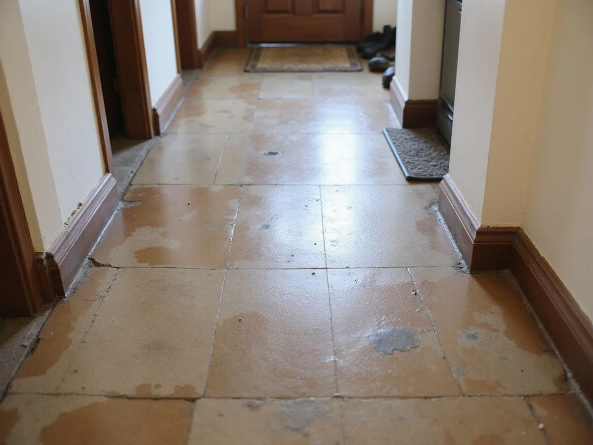Worn stained concrete floor in an Austin home with dull walking paths and patchy sealer